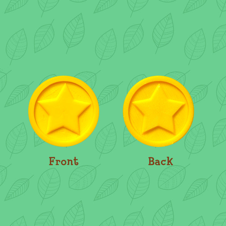 3D printed yellow coins with stars on both sides