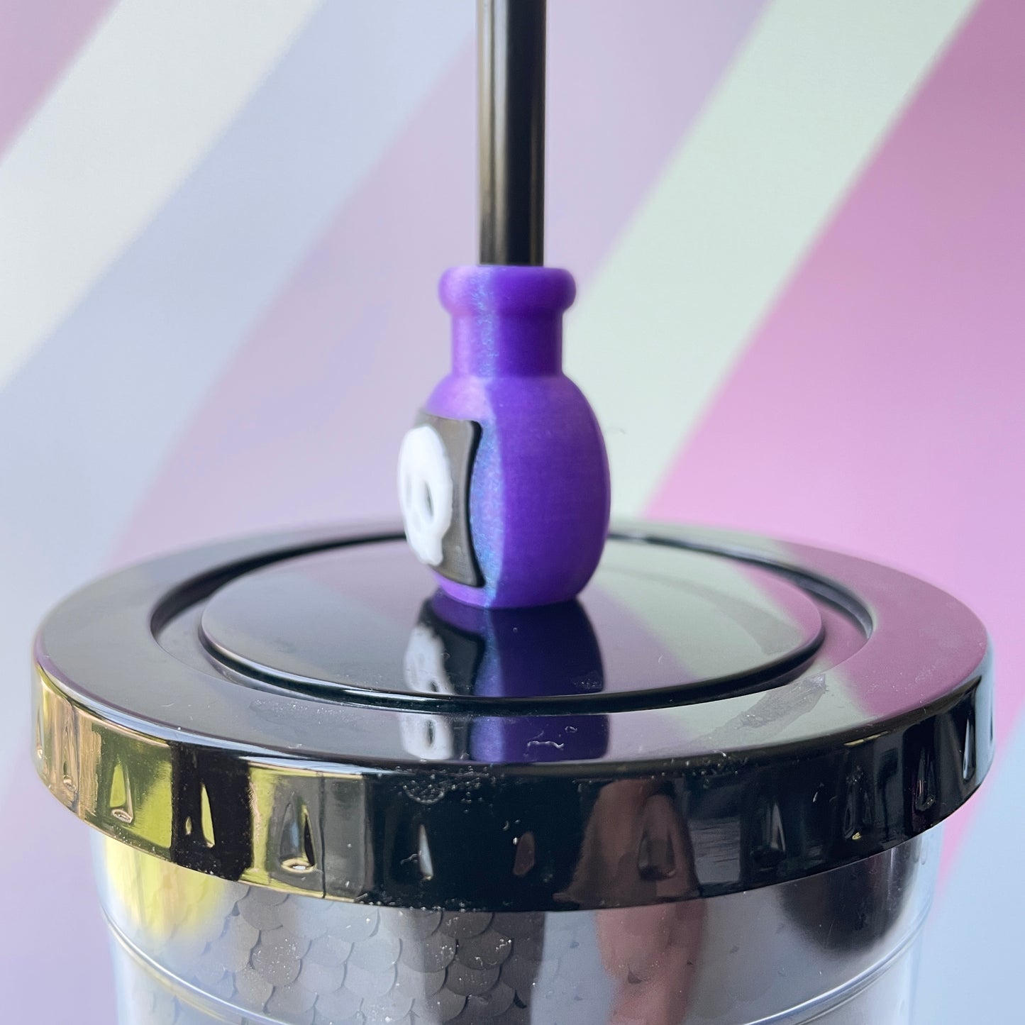 Magic Potion Straw Topper with Sparkly Purple Bottle and Skull Design