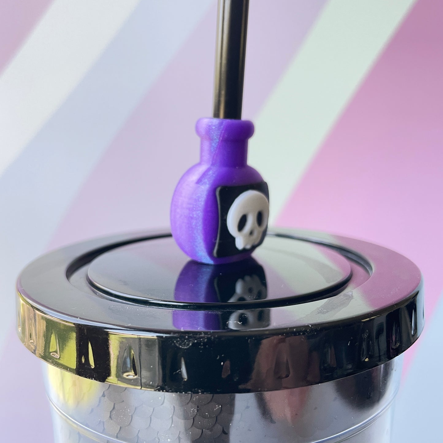 Magic Potion Straw Topper with Sparkly Purple Bottle and Skull Design