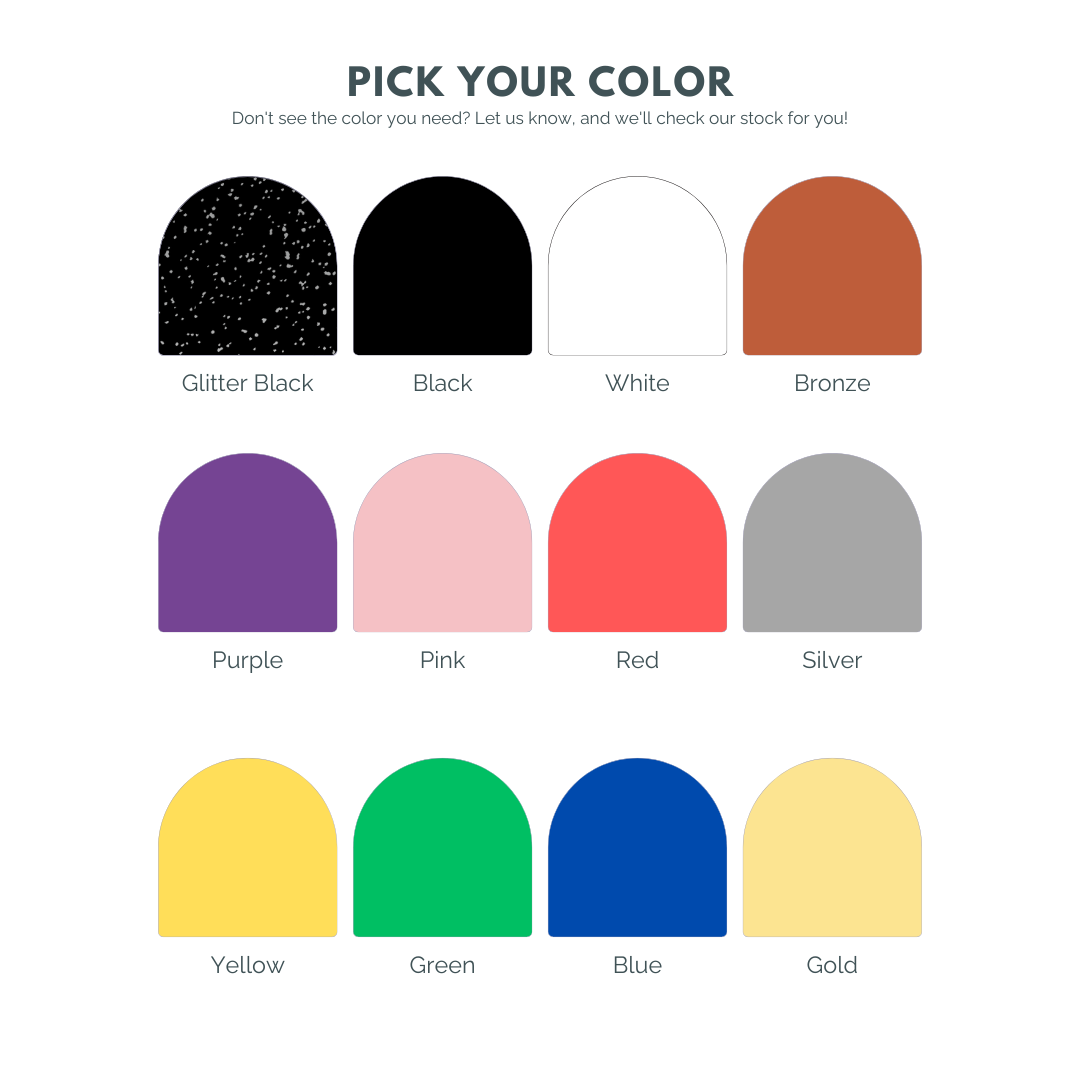 Color swatches for a product with options including Glitter Black, Black, White, Bronze, Purple, Pink, Red, Silver, Yellow, Green, Blue, and Gold.