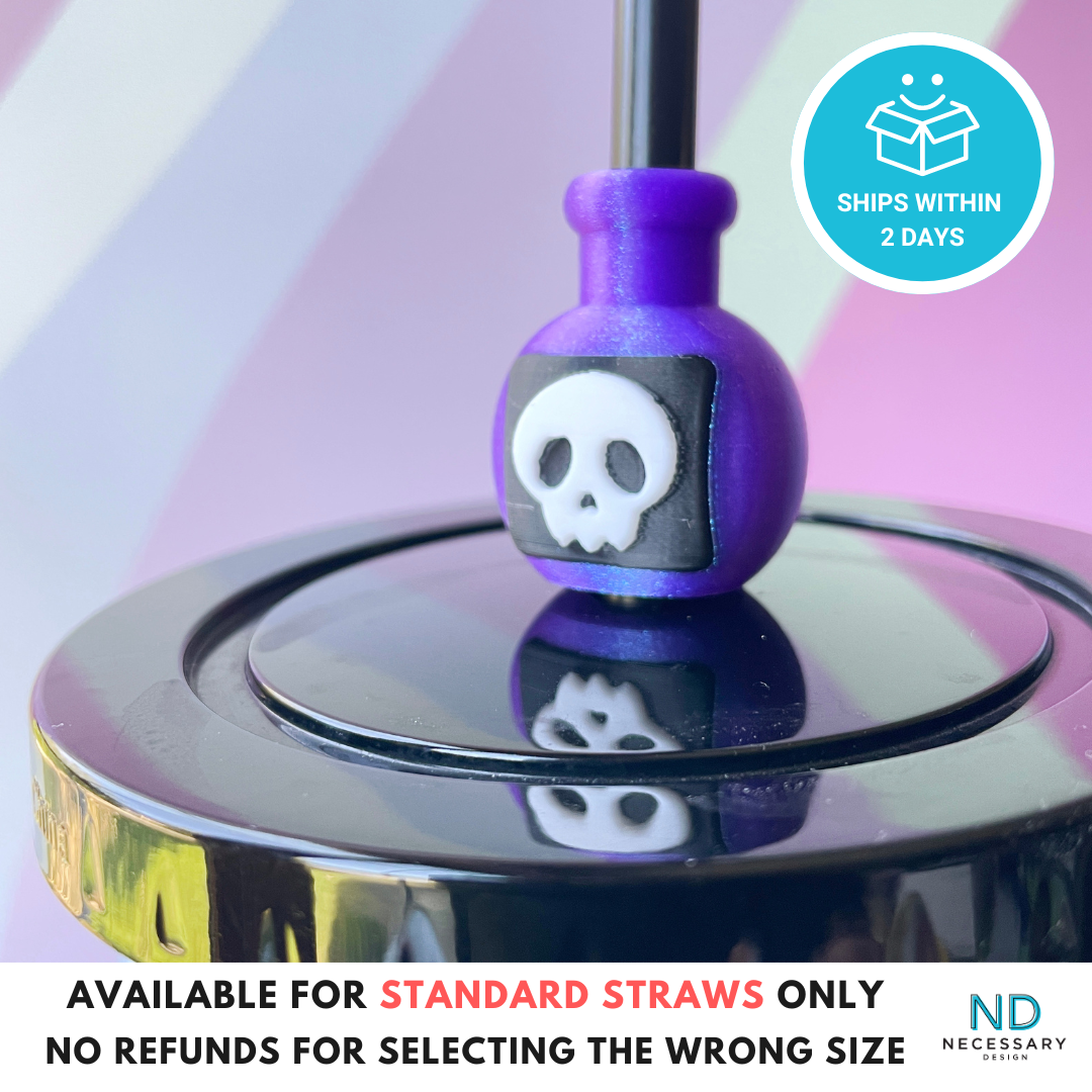 Magic Potion Straw Topper with Sparkly Purple Bottle and Skull Design