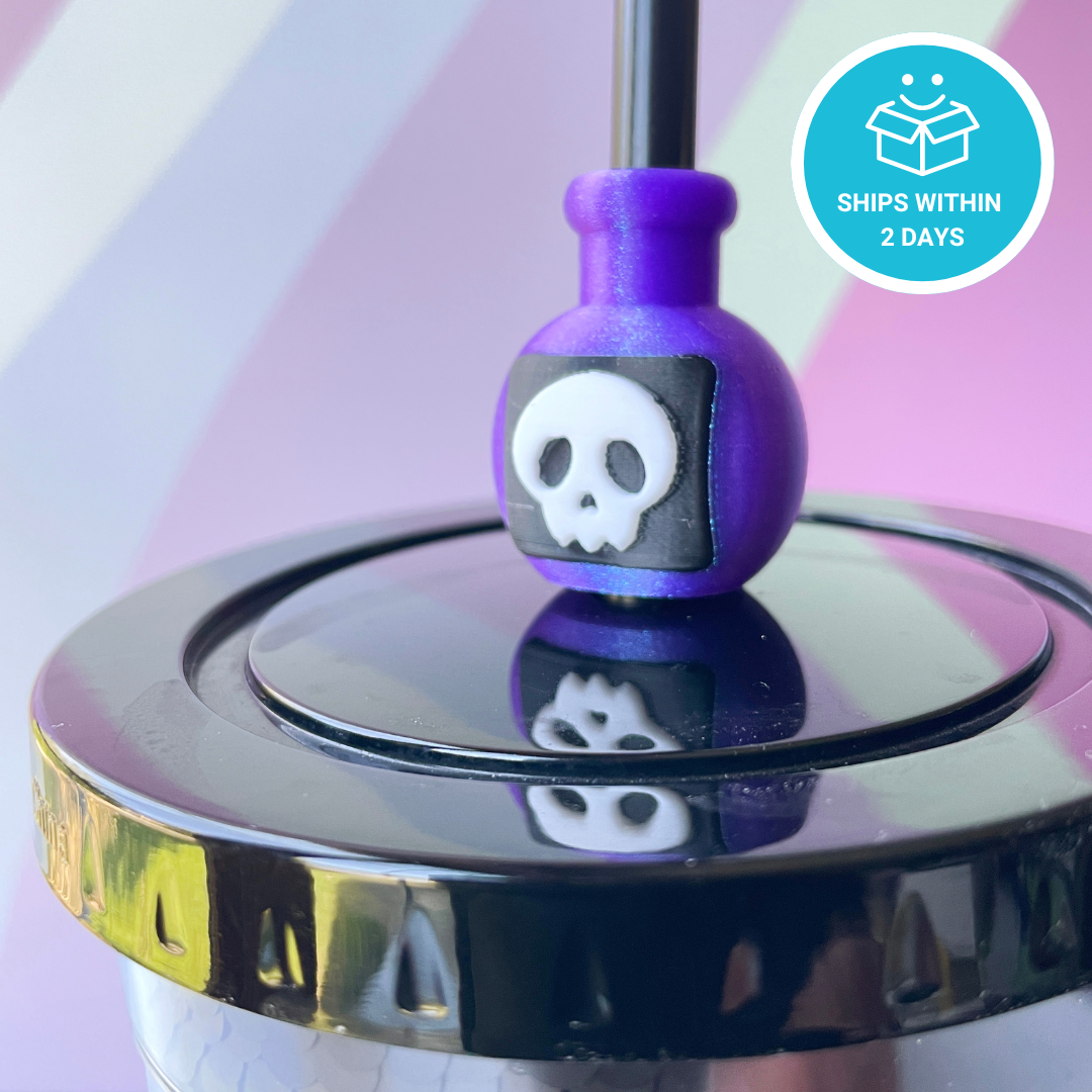 Magic Potion Straw Topper with Sparkly Purple Bottle and Skull Design