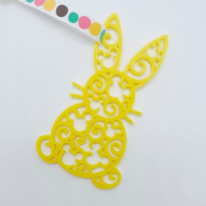 Yellow 3D printed filigree bunny Easter tags, set of two, with polka dot ribbon
